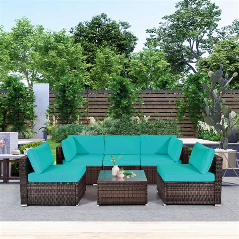 6 Pieces Patio Rattan Furniture Set With Cushions And Glass Coffee Table Costway
