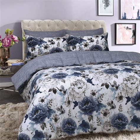 Sleepdown Inky Floral Blue Reversible Duvet Cover And Pillowcases