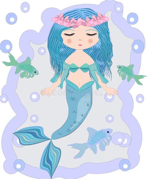Cartoon Beautiful Little Mermaid In A Wreath Siren Sea Theme Stock