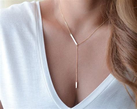 Gold Bar Lariat Necklace Delicate Y Necklace Bar Drop By Foressti