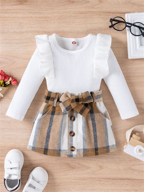 Baby Ruffle Trim Tee Plaid Fake Button Belted Skirt Newborn Etsy Artofit