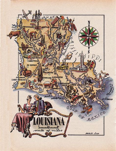 Map Of Louisiana From 1946 By French Artist Jacques Liozu Etsy