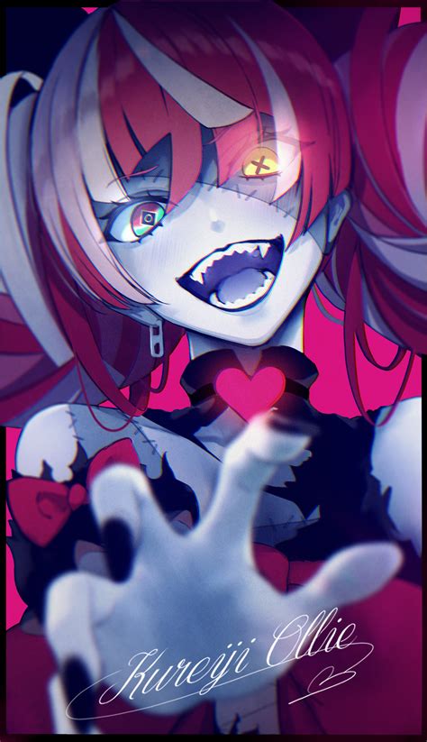 Safebooru 1girl Black Nails Blue Eyes Blush Character Name Commentary Request Fangs