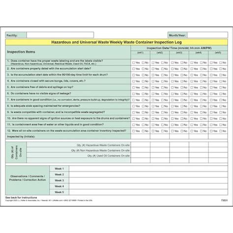 Hazardous And Universal Waste Weekly Waste Container Inspection Log