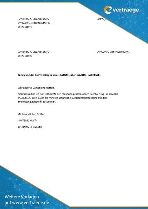 Mit einem kündigungsanschreiben den mietvertrag beenden ist gar nicht so schwer. Muster Kündigung Pachtvertrag - Vertraege.de