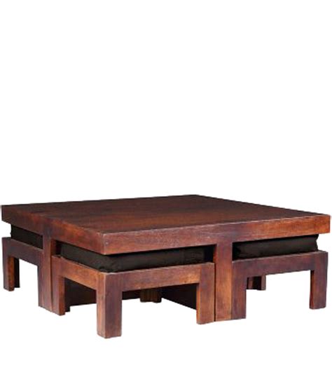 Simplihome dover 36 inch wide square coffee table lift top storage ottoman, cocktail footrest stool in upholstered stone grey tufted faux leather for the. Wooden Square Coffee Table with Four Stools in Light Honey ...