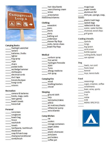 Free Printable Rv Camping Checklist