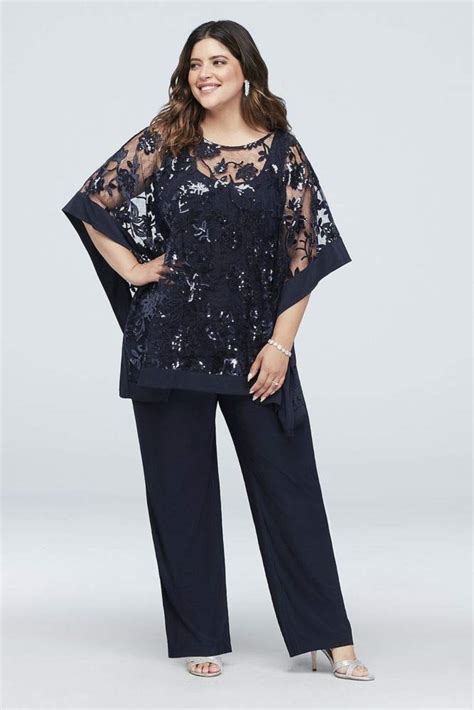 Sequin Lace Plus Size Pantsuit With Sheer Poncho Style 2288w