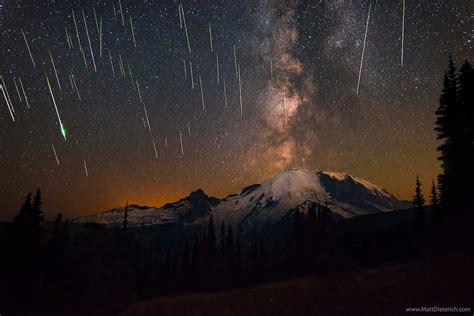 Perseid Meteor Shower And The Milky Way Over Mount Rainier