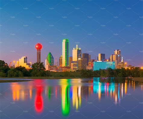 Dallas Skyline Reflection At Dawn Downtown Dallas Texas Usa High