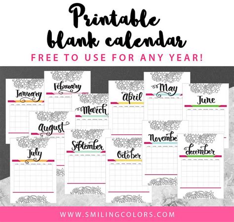 Printable Blank Calendar Free To Use For Any Year Download Now