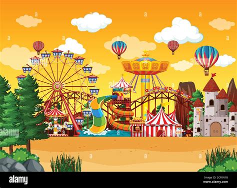 Amusement Park Scene At Daytime With Balloons In The Sky Illustration