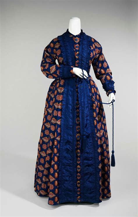 A magnificent light blue silk 1860s crinoline two piece evening gown. American designed wool and silk dressing gown.Late 1860s ...