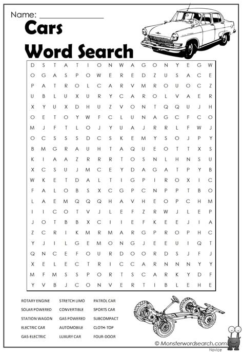 Cars Word Search Monster Word Search