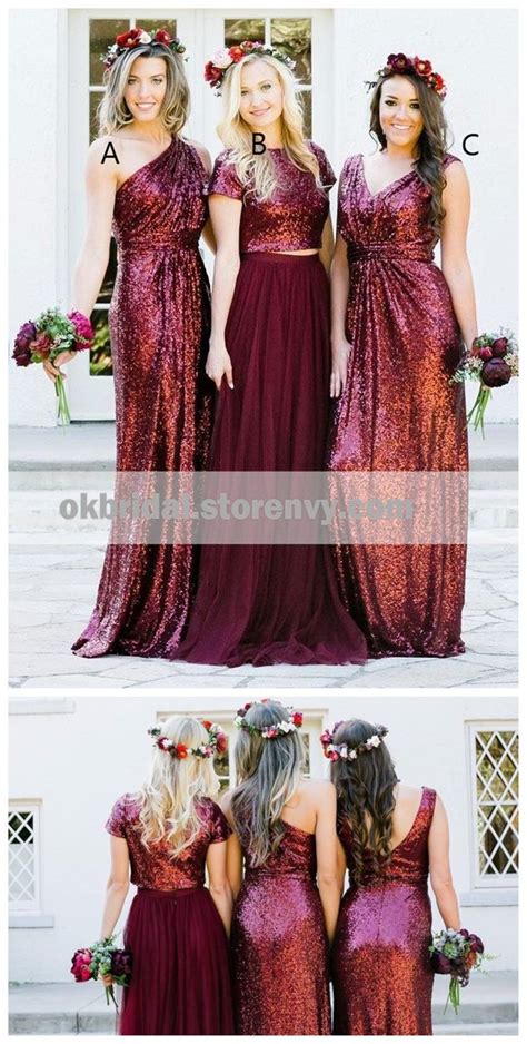 Burgundy Sequin Mismatched Custom Long Bridesmaid Dresses Wg235
