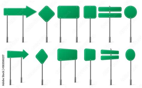 Green Road Signs Different Shapes On Metal Post Front And Angle View