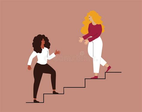 Woman Supports Her Workmate To Climb Career Ladder Two Women Rise Up Together On The Stairs