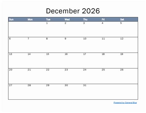 Monthly Calendar Template For December 2026