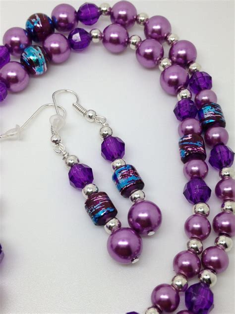 Purple Beaded Jewelry Set Necklace And Earrings By Wiredinparis