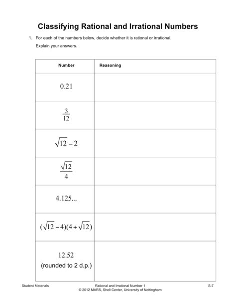 Rational And Irrational Numbers Worksheet With Answers