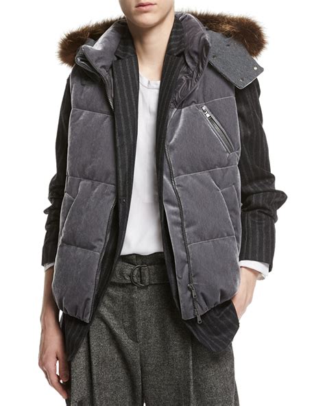Brunello Cucinelli Velvet Puffer Vest With Fur Trim Hood