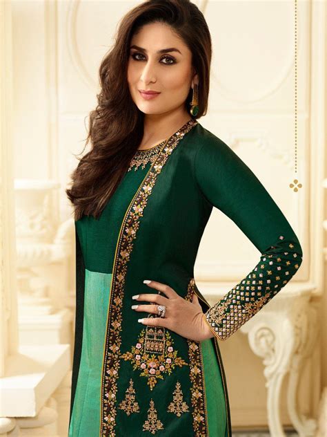 Buy Kareena Kapoor Bottle Green Georgette Straight Cut Salwar Kameez In Uk Usa And Canada