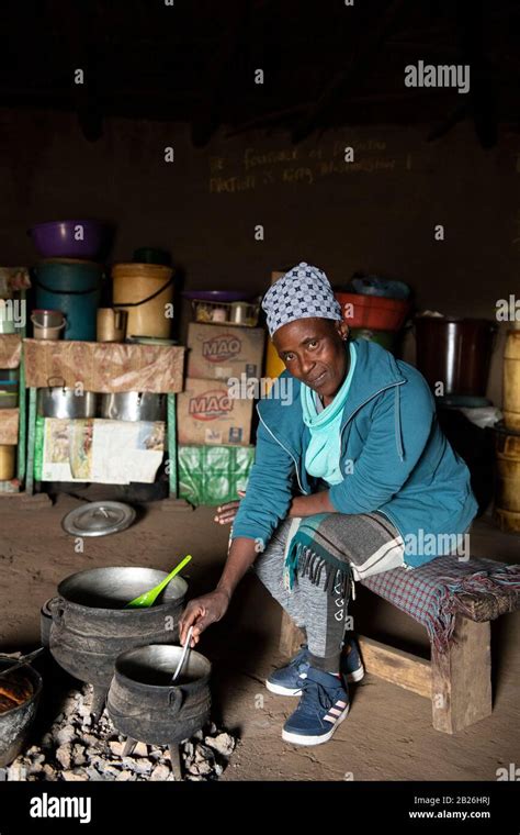 Woman Cooking Inside Her Hut Basotho Village Sani Top Lesotho Stock