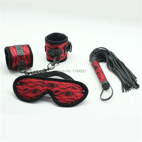 Lace Andpu Restraints Set Red Lace Hand Cuffs Blindfold Flogger Whip Sex Restraint With Black