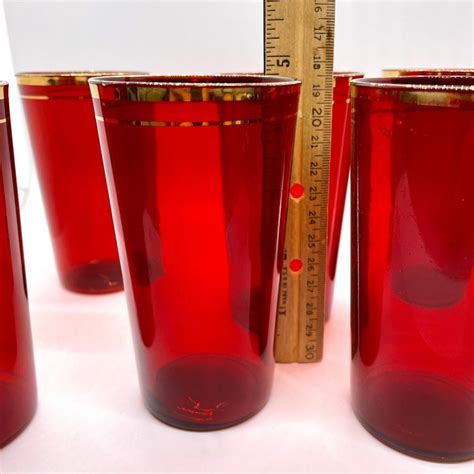 Vintage Ruby Red Drinking Glasses Double Gold Band Etsy