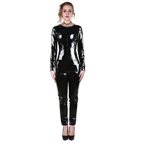S Xxl New Black Latex Pvc Bodysuit Cat Women Faux Leather Catsuit Zipper Long Sleeve Bodycon