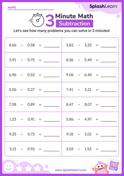 Subtract Hundredths Less Than Horizontal Timed Practice Printable