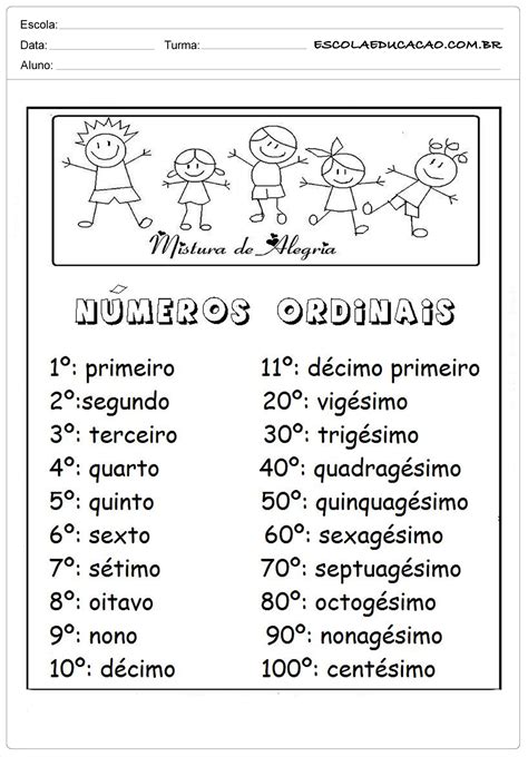 Atividades com Números Ordinais para Alfabetização Números ordinais Escola Educação