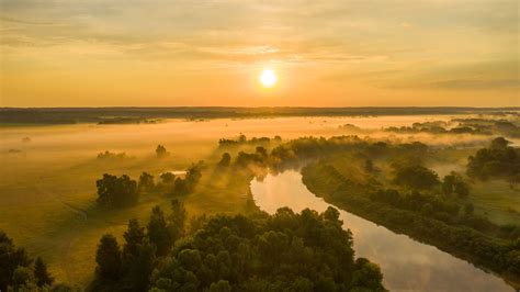 Sun Sunset River Fog Trees Hd