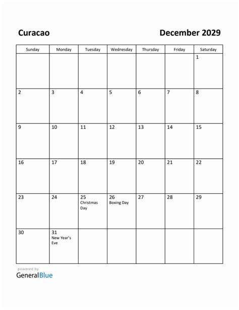 Free Printable December 2029 Calendar For Curacao