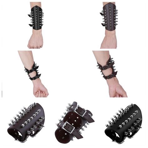 Unisex Faux Leather Gauntlet Wristband Metal Spike Studded Arm Armor