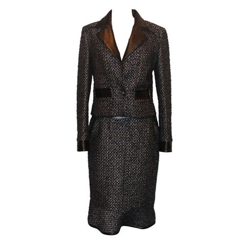Chanel Black And Metallic Tweed And Leather Skirt Suit Size 40