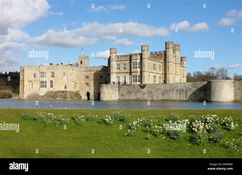 Leeds Castle In Kent United Kingdom Frontal View With Blooming