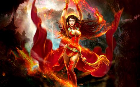 Fire Angel Fantasy Girl In Amazing Red Dress : Wallpapers13.com