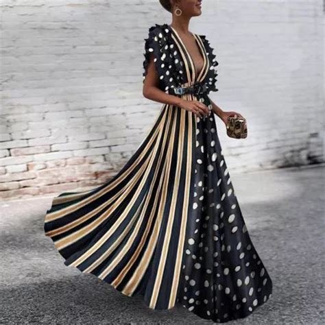 Deep V Neck Printed Striped Polka Dot Maxi Dresses Polka Dots Fashion