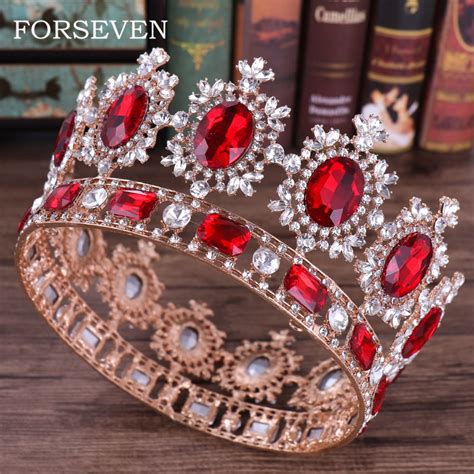 Red Queen Crown Crystal Bridal Tiaras Round Bride Crown Baroque