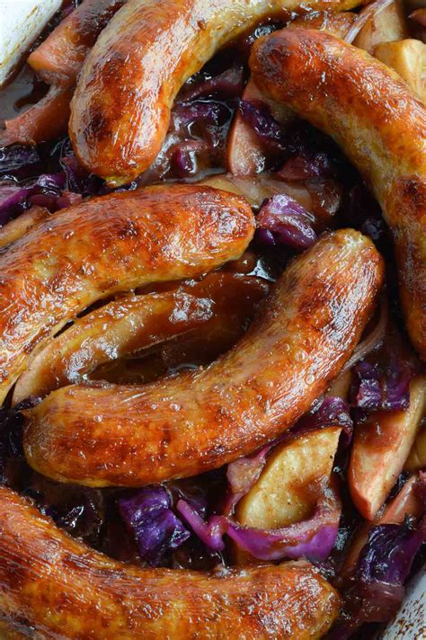 Ingredients in baked sausages with apples. Baked Sausage with Apples and Cabbage - WonkyWonderful