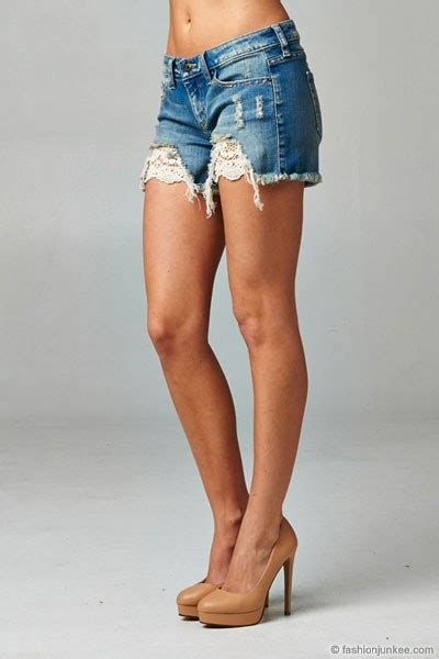 Lace Cutoff Distressed Denim Shorts Blue