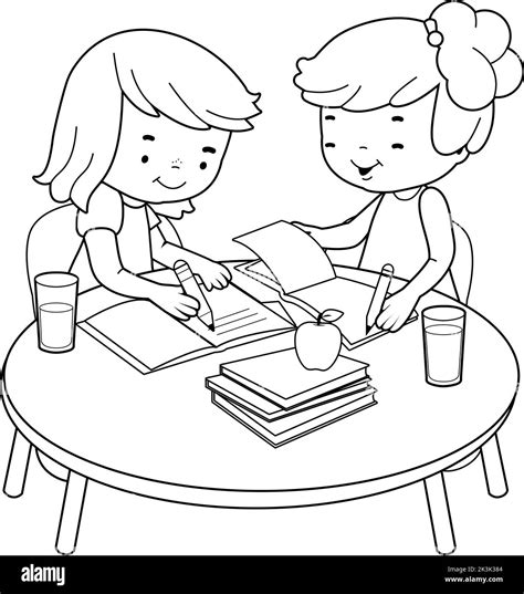 Students At A Desk Doing Their Homework Vector Black And White