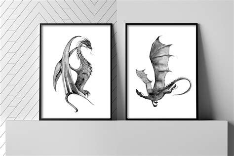 Dragons Watercolour Prints Dragon Prints Black Dragon Wall Etsy