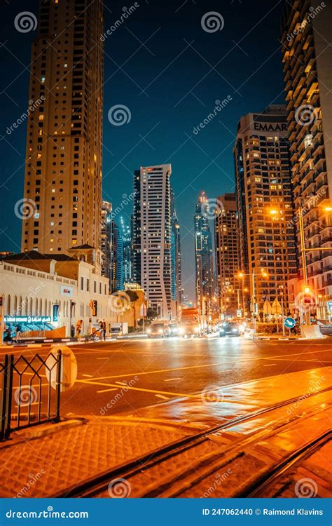 Fantastic Nighttime Skyline With Illuminated Skyscrapers Dubai Uae