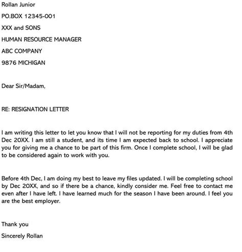 Sample Resignation Letters (Going Back To School) & Examples