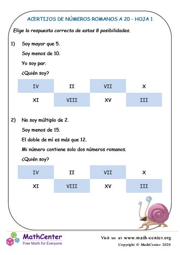 Acertijos De Números Romanos A 20 Hoja 1 Hojas De Trabajo Math Center