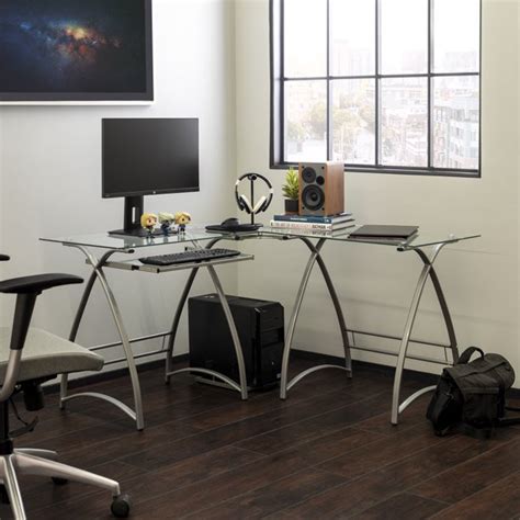 Shop for corner glass desk online at target. Modern Glass and Metal Rounded Frame Silver L-Shaped ...