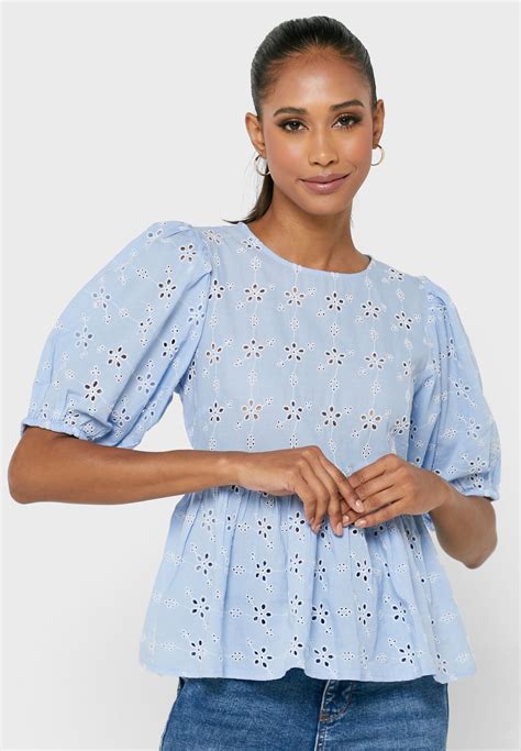 Buy New Look Blue Broidered Balloon Sleeve Peplum Top For Women In
