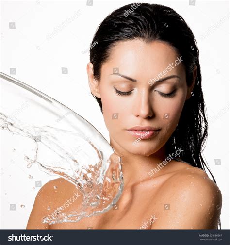 Beautiful Naked Woman Wet Body Splashes Stock Photo 229186567